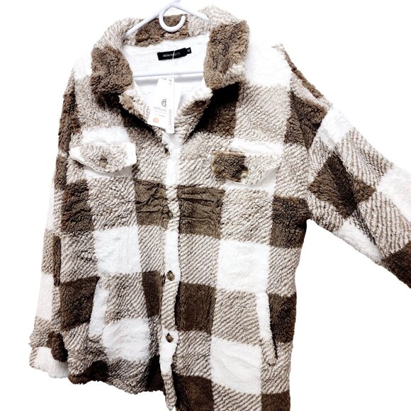 Merokeety Womens Size XL Plaid Sherpa Fleece Jacket Brown White Button-Up - Picture 6 of 14